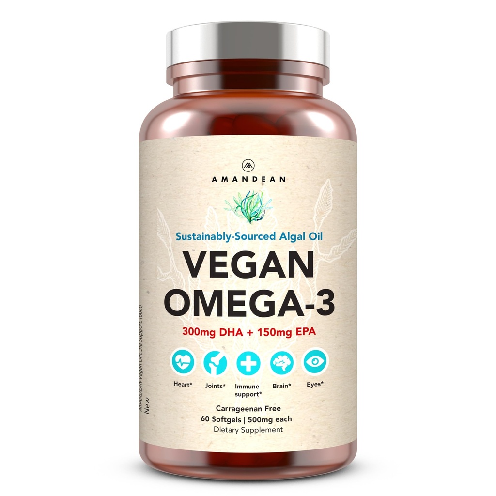 AMANDEAN Vegan Omega 3 tillæg. Premium Fish Oil Alternative. Alger DHA & EPA. Carrageenan Free Softels. Alger essentielle fedtsyrer. Plantebaseret hjerte, hjerne, øje, hud, immunforsvar. (60ct)