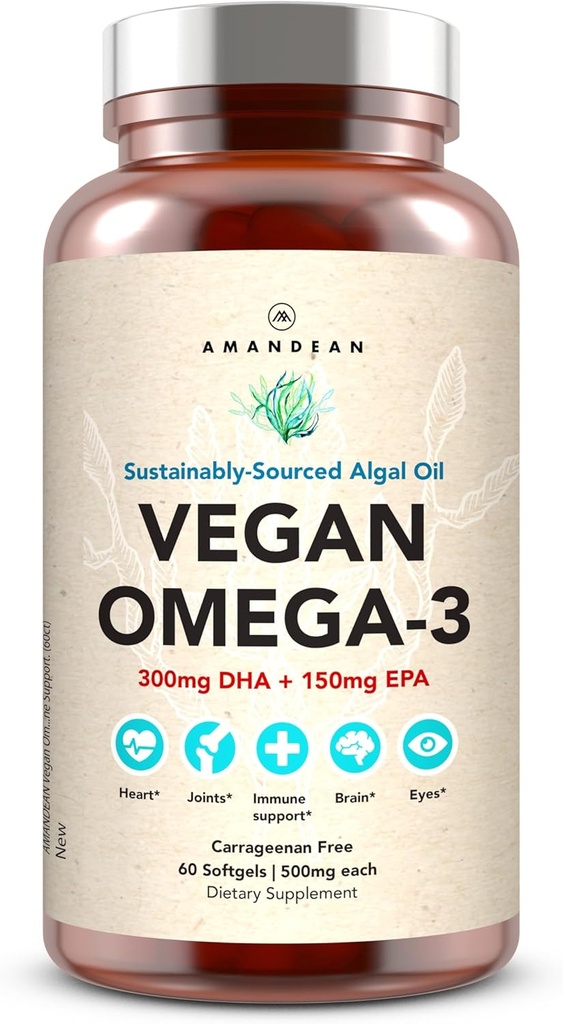 AMANDEAN Vegan Omega 3 tillæg. Premium Fish Oil Alternative. Alger DHA & EPA. Carrageenan Free Softels. Alger essentielle fedtsyrer. Plantebaseret hjerte, hjerne, øje, hud, immunforsvar. (60ct)