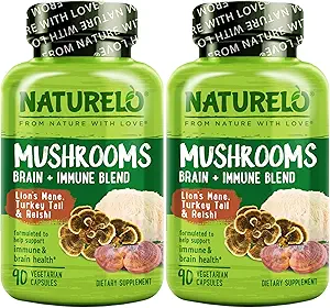 NATURELO Mushroom Supplement – Brain & Immune Health Blend with Lion’s Mane, Reishi, Turkey Tail – 90 Vegan Friendly Capsules (Pack of 2)