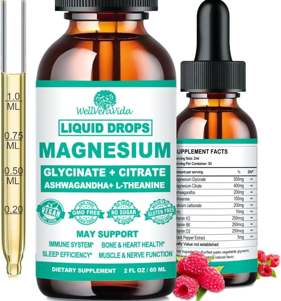 Magnesium Glycinat 500 mg, Calm Magnesium Glycinat, Citrat med vitamin D3 K2 B6 Ashwagandha, L- Theanin, Chelate Magnesium Complex Supplement Liquid Drops til immunsovn Bone Mood Nerve Health