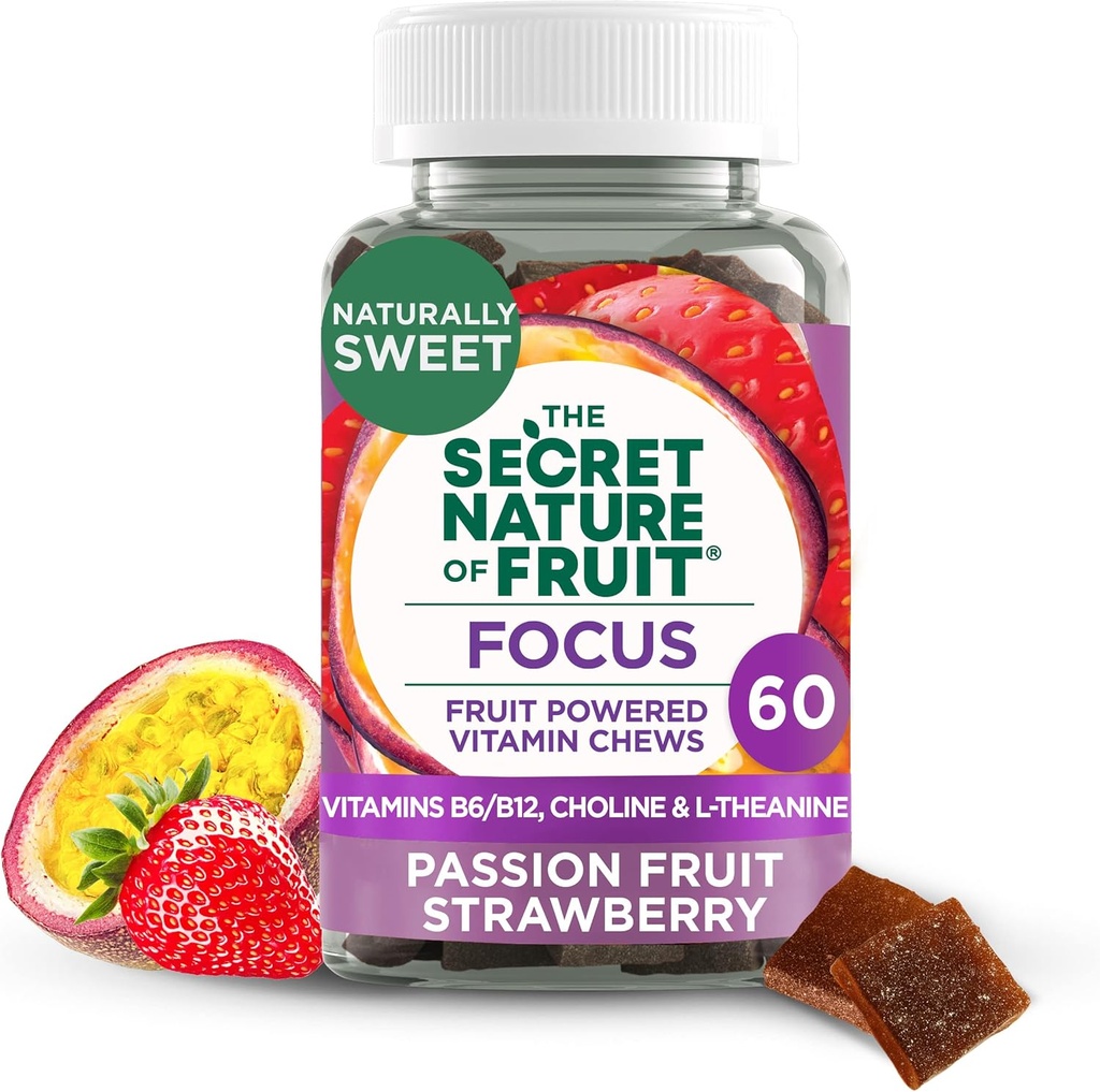 Den hemmelige karakter af frugt fokus tygger, Real Fruit drevet Vitamin Tygge med vitaminer B6 & B12, Cholin, L-Theanine, Passion Fruit & Strawberry for Mental Clarity, Gummy (60 Greve)