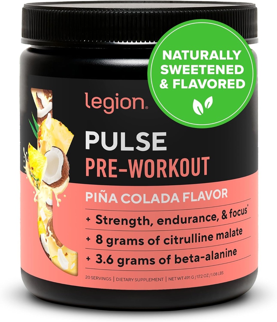 LEGION Pulse Pre Workout - All Natural Nitric Oxide Preworkout Drink to Boost Energy, Creatin Free, naturligt sødet, Beta Alanine, Citrullin, Alpha GPC (Pina Colada)