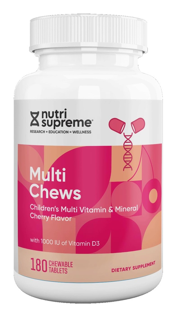 Lækre Kids Multivitamin, 180 Vegetariske Tyre - Komplet børnetillæg med essentielle vitaminer og mineraler - Vitamin A, B, C, D3, Calcium, Jern, Folinsyre, Zink - Cherry Flavor