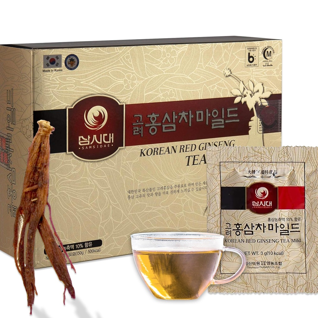 SAMSIDAE Koreansk Panax Red Ginseng Instant Tea, Box med 50 Sachels, Forbedrer blodcirkulation, intellektuelle performancer og hukommelse, stimulerer energi