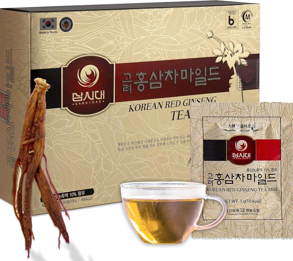 SAMSIDAE Koreansk Panax Red Ginseng Instant Tea, Box med 50 Sachels, Forbedrer blodcirkulation, intellektuelle performancer og hukommelse, stimulerer energi