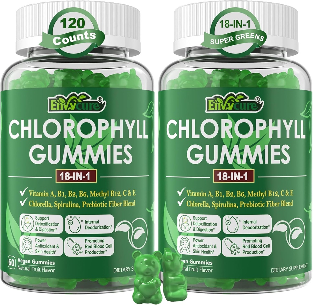 Chlorophyll Gummies, Super Green 18- IN-1 med Organic Chlorella Spirulina, Hvede Græs, Magnesium, Prebiotic Fiber til intern deodorant *, Comfort fordøjelse, Metabolisme, Immunitet, Friske Kropslugt, 2Packs