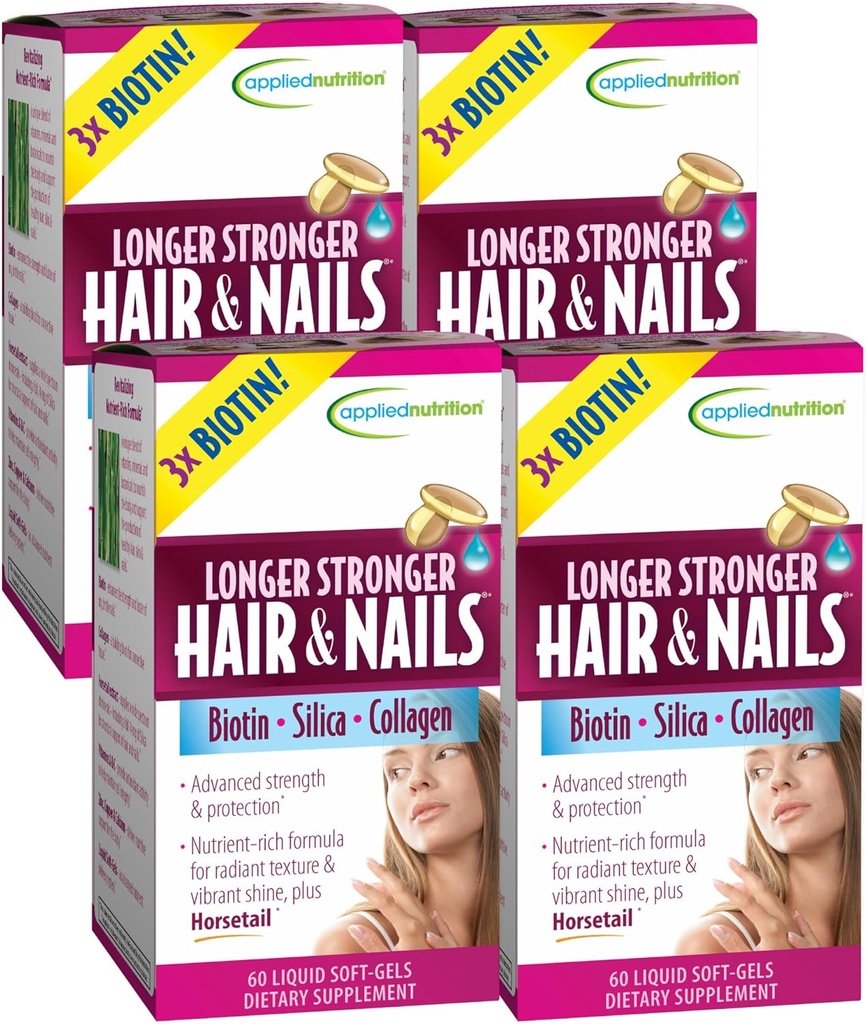 Anvendt Nutrition Længere Strong Hår & Nails - 60 flydende blød- Gels, pakke med 4 - Biotin, Silica & Collagen - 120 Servering