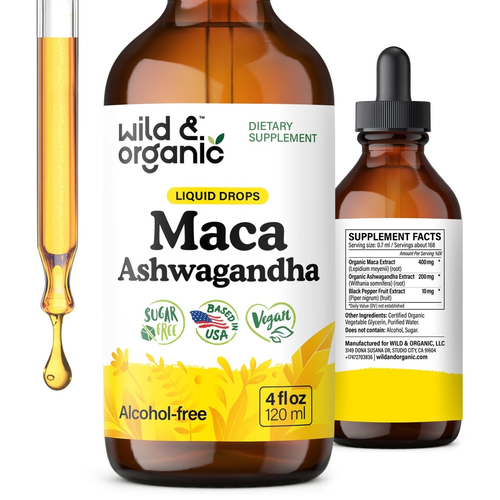 Wild & Organic Maca Root Ashwagandha Drops til mænd og kvinder - Flydende Maca Ashwagandha tillæg for samlet støtte - Peruvian Extract tinktur - Vegan, Sukker & Alkohol- Free - 4 fl oz