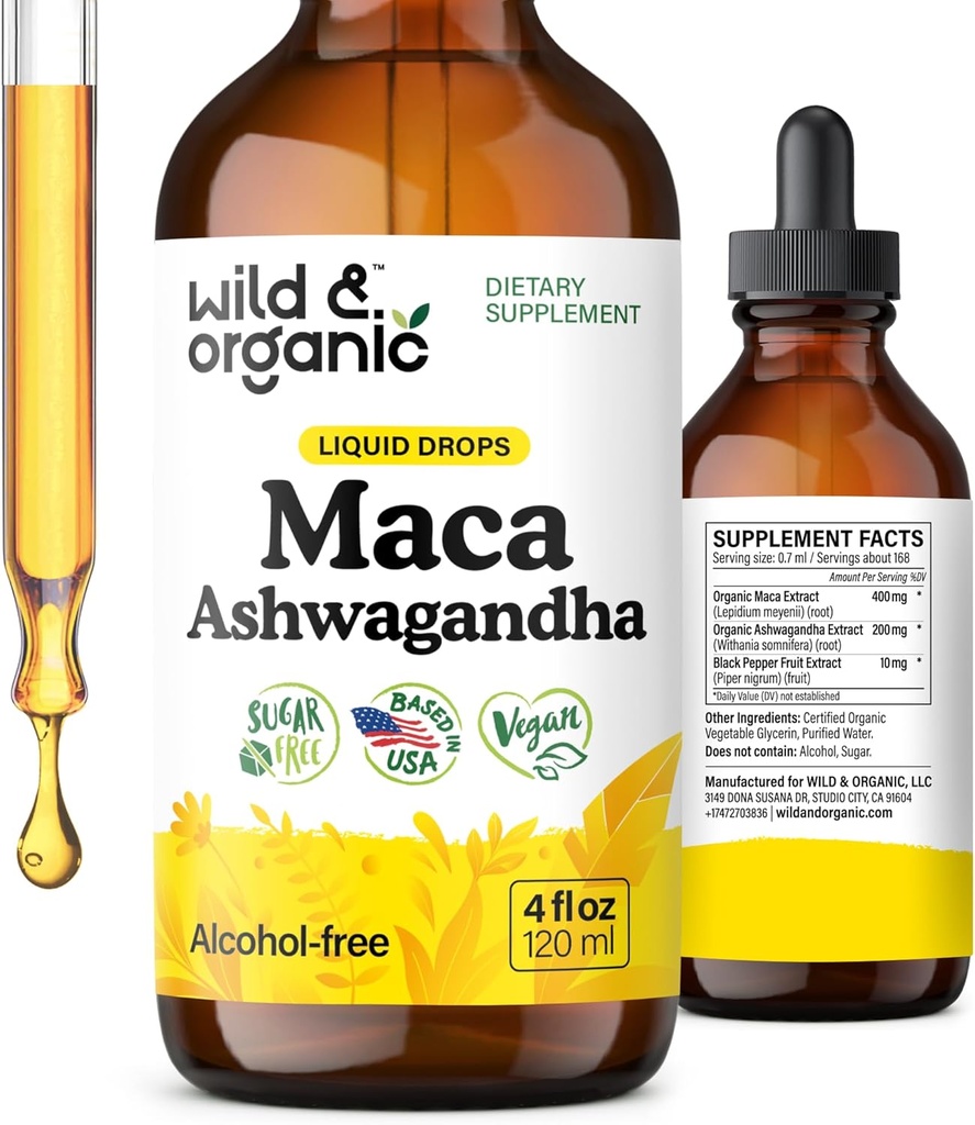 Wild & Organic Maca Root Ashwagandha Drops til mænd og kvinder - Flydende Maca Ashwagandha tillæg for samlet støtte - Peruvian Extract tinktur - Vegan, Sukker & Alkohol- Free - 4 fl oz