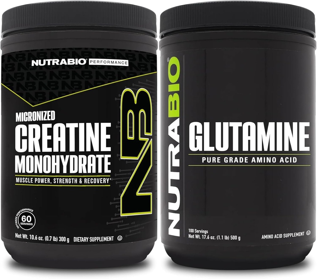 Nutrabio Creatinine monohydrat supplement, Unflavored, (300g) og L- Glutamin pulver, (500g) - Workout Supplement Bundles understøtter muskel energi, opsving og styrke