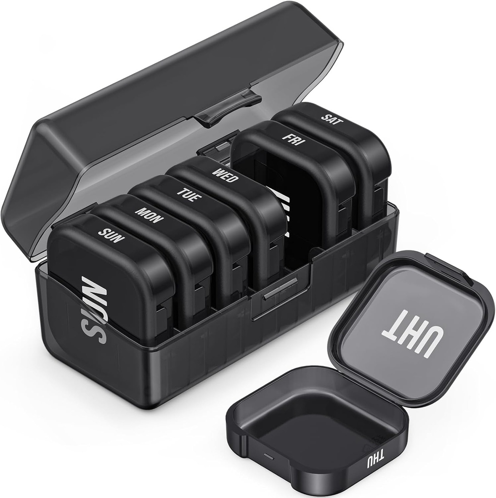 PULIV Daily Pill Organizer med 7 store separate kompartmenter, Bærbar Pill Box 7 Dag for Pocket, Arthritis- venlige Medicin Organizer med dobbelt beskyttelse for store vitaminer, fiskeolier (sort)