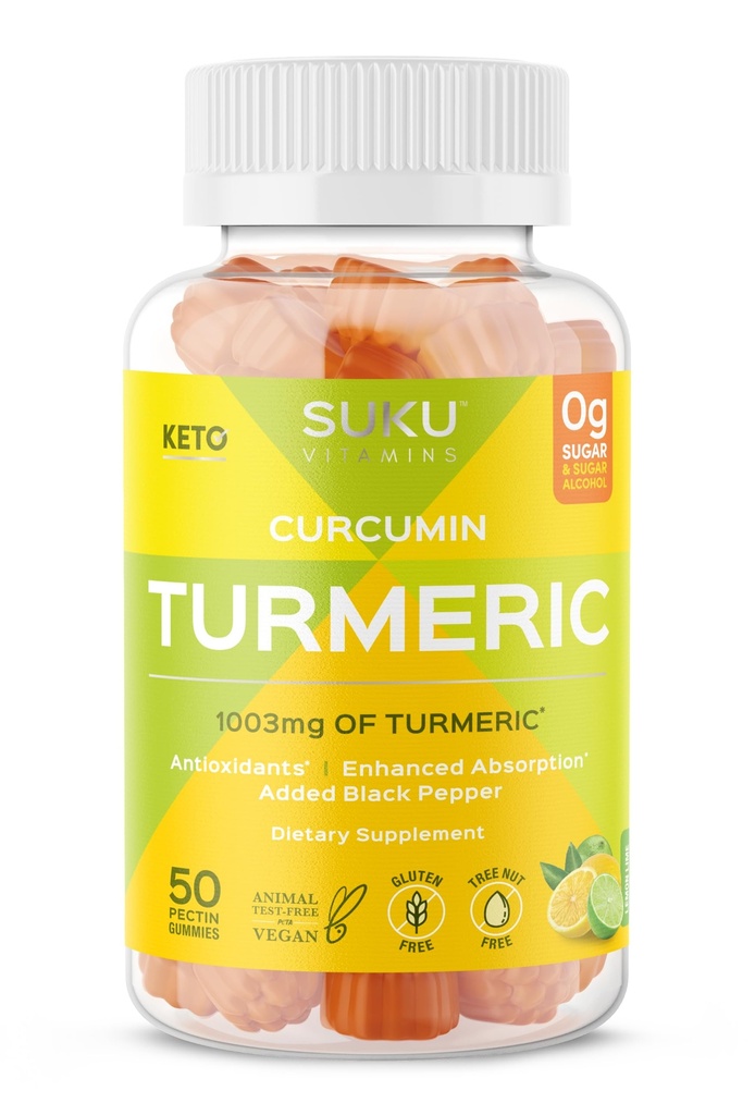 SUKU Turkmenisk Curcumin Sugar Free Gummies med 1003mg gurkemeje - Black Pepper beskytter lever, forbedrer fordøjelse, inflammation reaktion & fælles sundhed - Lemon Lime Flavour (50 Gummies)