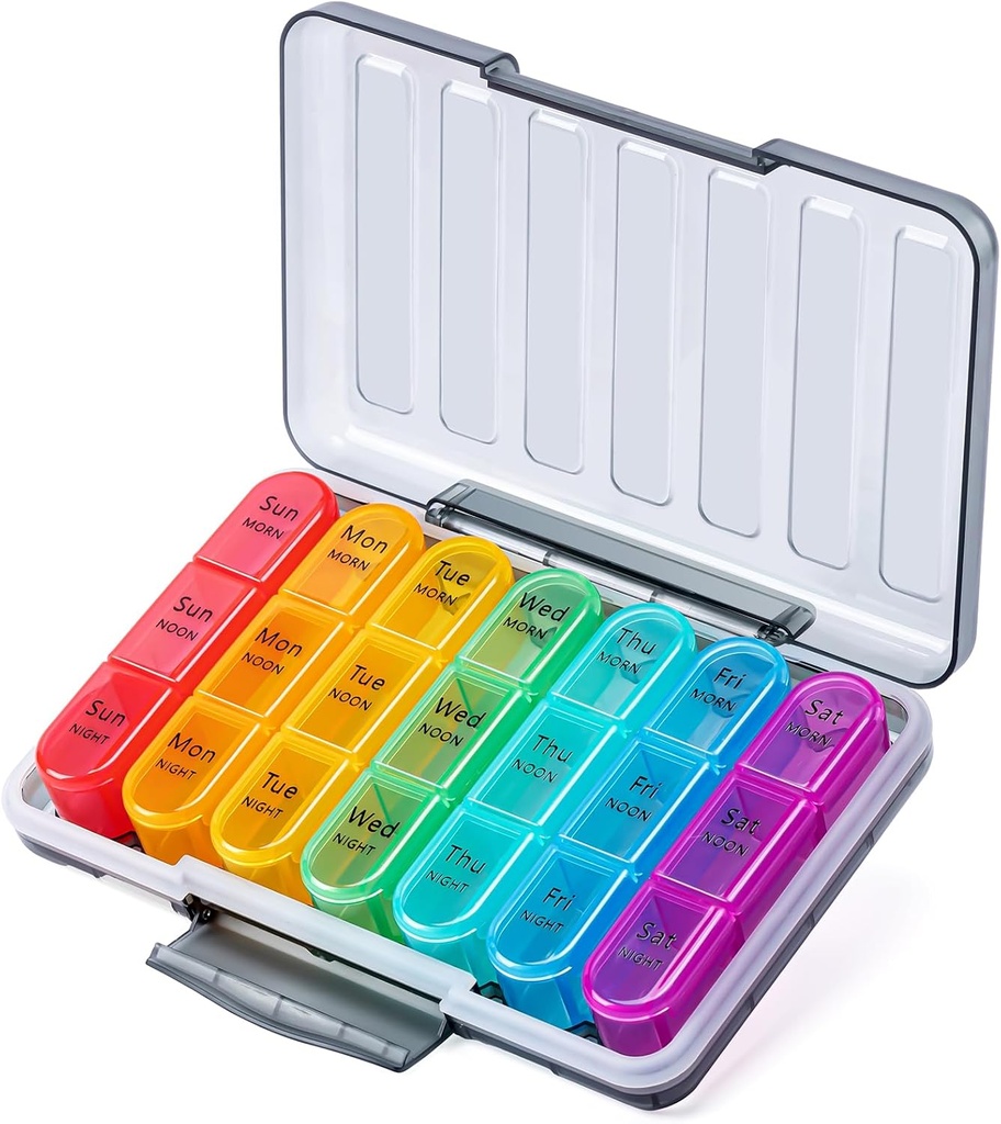 Odaro Pill Organizer 3 gange om dagen - Portable Weekly Medicine Box med 7 separate containere, Rejser 7 dag Pill Box, Sort