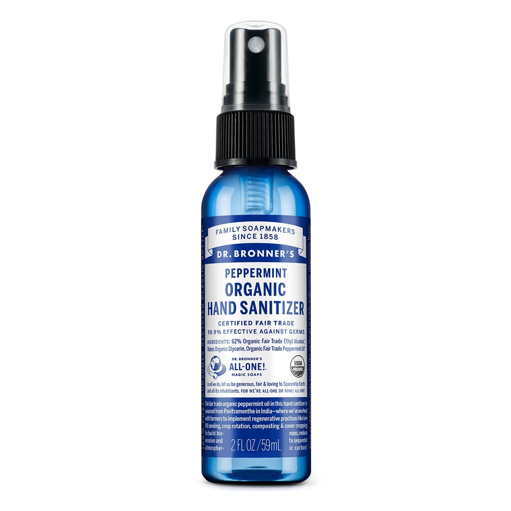 Dr. Bronners - Organic Hand Sanitizer Spray (pebermynte, 2 Unse) - enkel og effektiv formel, Cleanses & Sanitizes, Ingen Harsh Kemikalier, Fugt og Cleans hænder