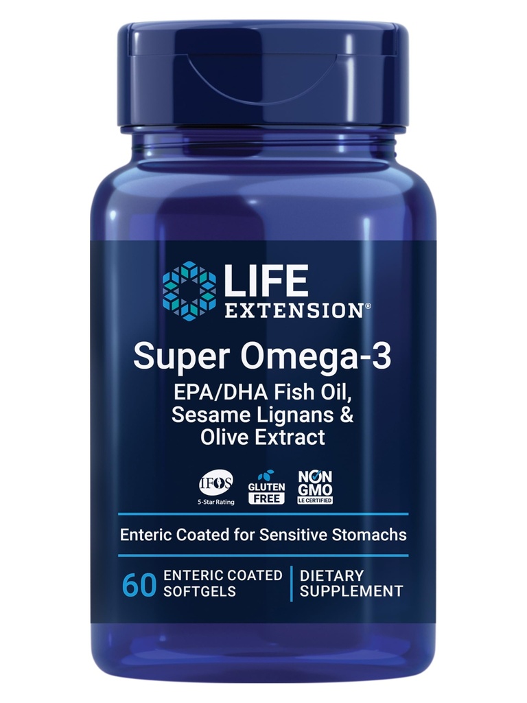 Life Extension Super Omega-3 EPA / DHA Fish Oil, Sesame Lignans & Olive Extract - Heart Health, Brain Health, Inflammation Health Support, Gluten- Free, Englic- Coated, Non- GMO, 60 Softgels