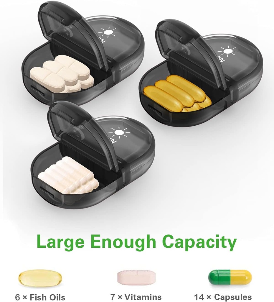Fullicon Pill Organizer 2 gange om dagen, Ugentlig Pill Box AM PM, Flytbar Medicin Organizer, Pill sager to gange om dagen - (Sort)
