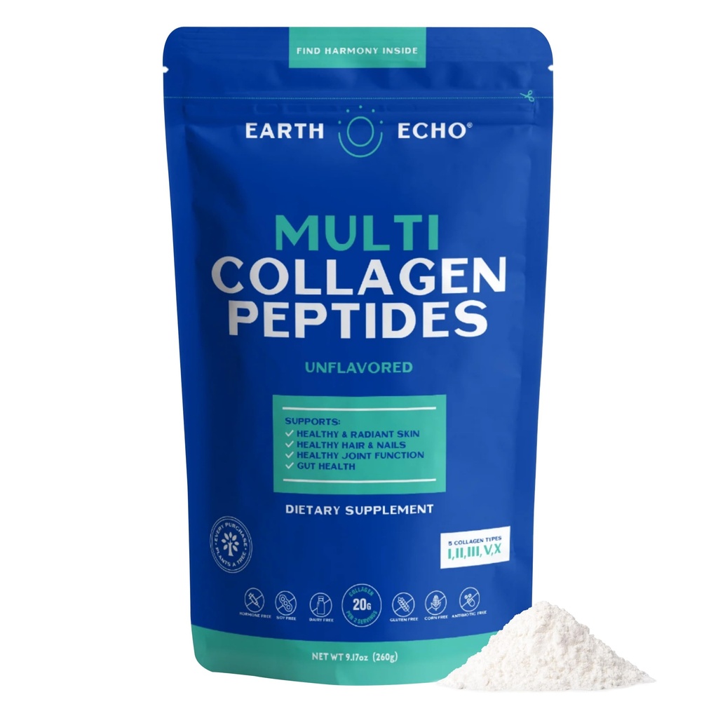 Earth Echo Multi Collagen Peptider, Hydrolyzed Collagen med C-vitamin og hyaluronsyre, understøtter strålende hud, sunde joints, Gut sundhed og immunfunktion, Dairy- Free, 26 Servere