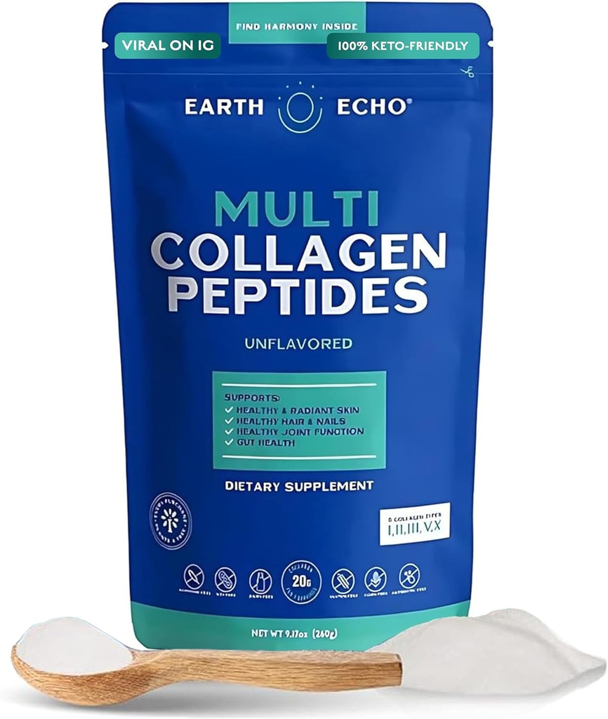 Earth Echo Multi Collagen Peptider, Hydrolyzed Collagen med C-vitamin og hyaluronsyre, understøtter strålende hud, sunde joints, Gut sundhed og immunfunktion, Dairy- Free, 26 Servere