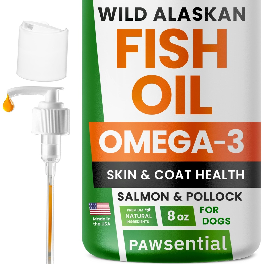 Omega 3 Fish Oil for Dogs & Cats - Lavet med Wild Alaska Salmon Oil; Liquid Fish Oil Supplement for Kæledyr med Omega 3 EPA + DHA fedtsyrer; Real Ingredients, Real Taste - Trusted by Vets!