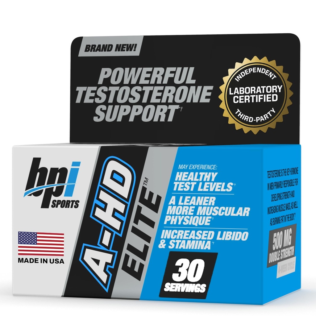 BPI Sports A- HD Elite - Mænds kraftfulde Testosteron Booster for Stamina, Styrke, Seksuel Support - Understøtter Muskel, Libido & Metabolisme - Natural Testosteron Supplement - 30 Servering - 500mg