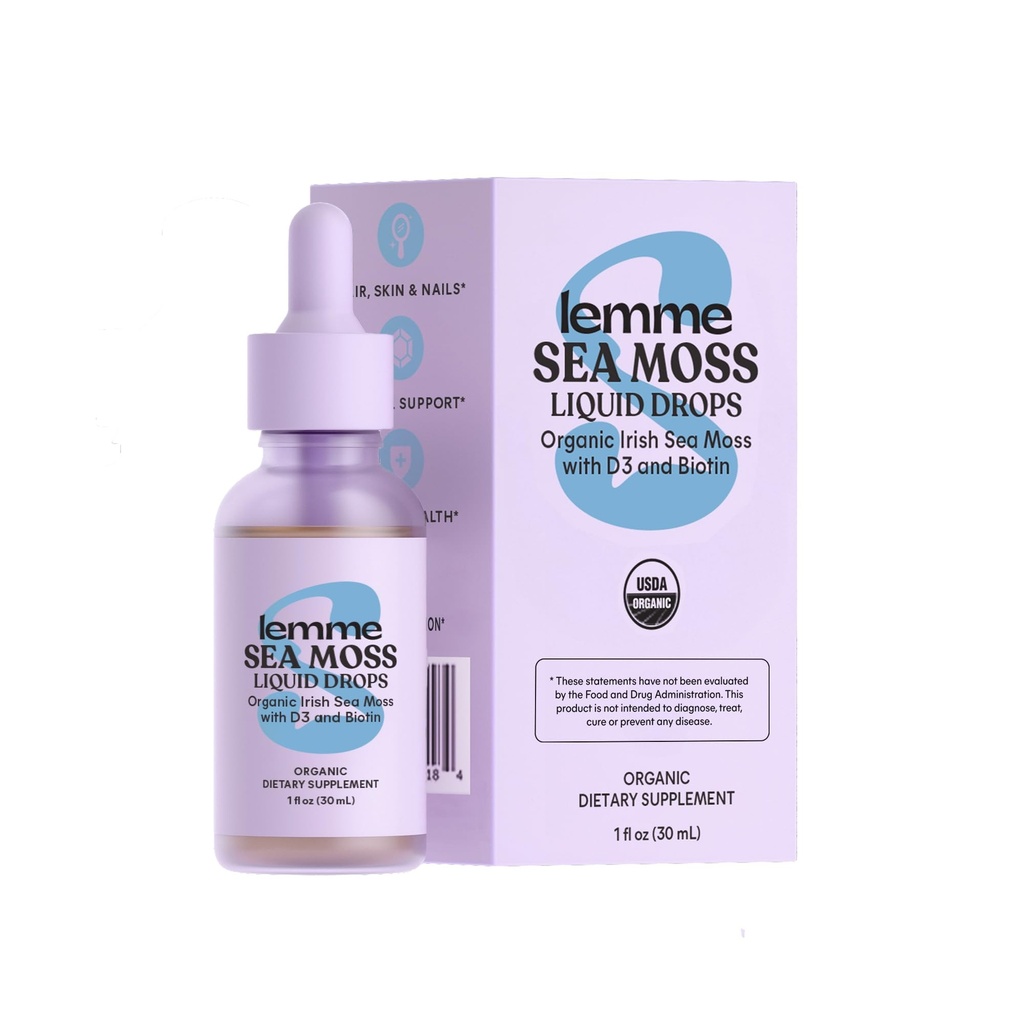 Lemme Irish Sea Moss Organic Liquid Drops med vitamin D3 og biotin til trace Mineral Support, Immunitet, hår, hud & negle, hjerne sundhed - Gluten & sukker fri, ikke GMO, 1 oz, 30 Servere