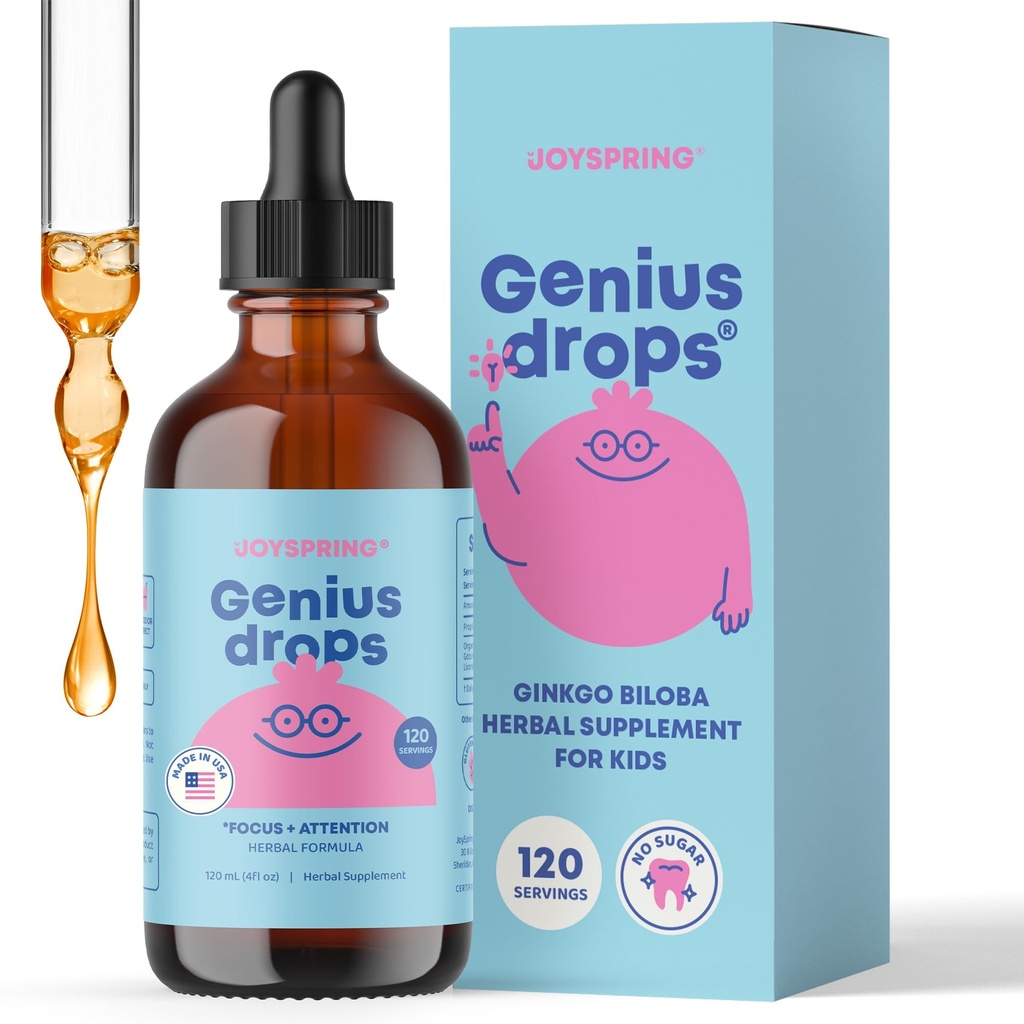 JoySpring Genius Drops - Organic Focus Drops for Kids against 124; Klinisk Proven Focus Supplement Hjælper Kids Udfører bedre i skolen