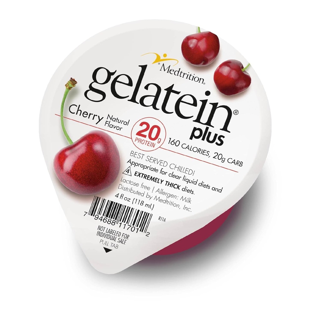 Gelatein Plus Cherry: 20 gram protein. Ideel til klar væske kost, synke vanskeligheder, dialyse og onkologi. Flot snack før eller efter træning. (12 pakninger)
