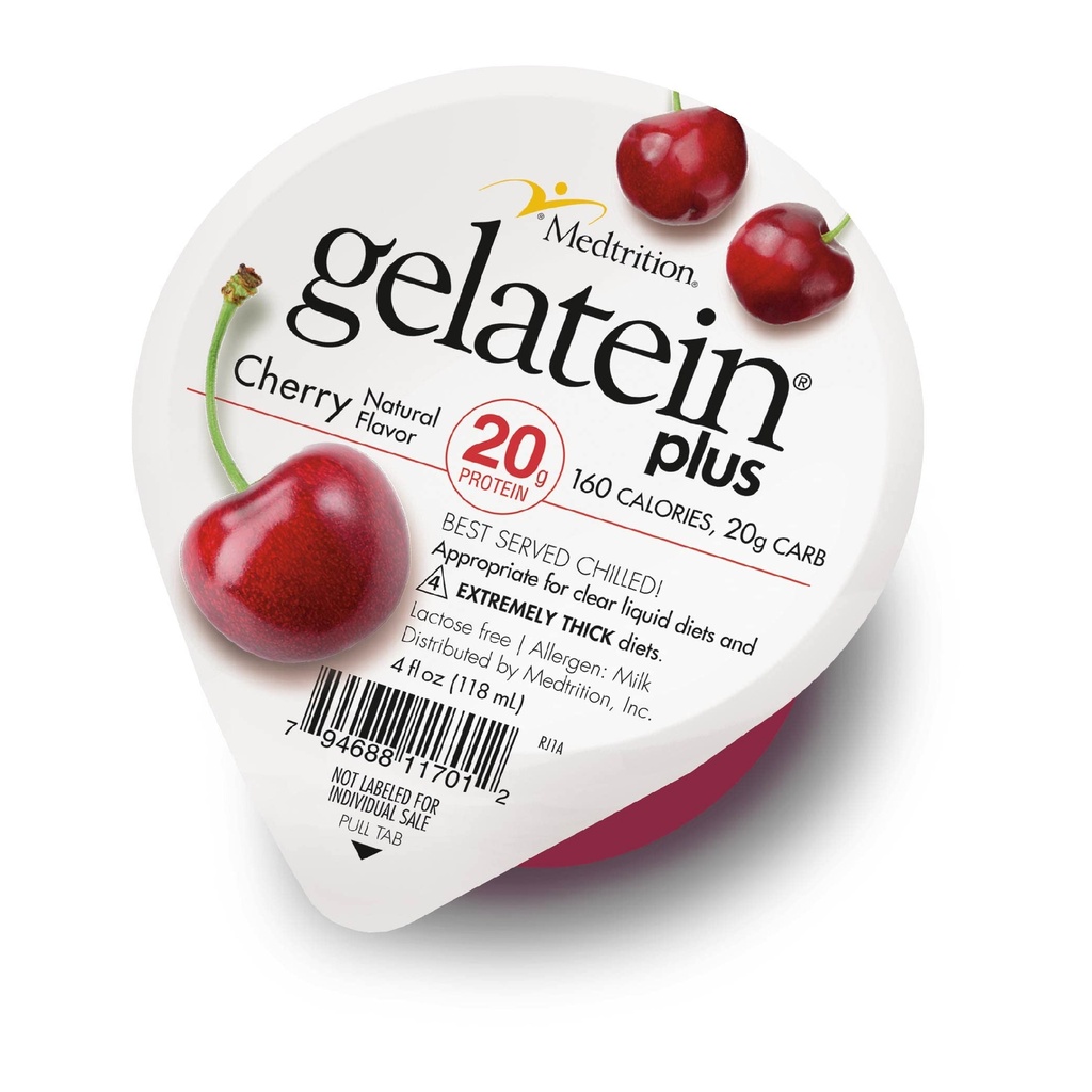 Gelatein Plus Cherry: 20 gram protein. Ideel til klar væske kost, synke vanskeligheder, dialyse og onkologi. Flot snack før eller efter træning. (12 pakninger)