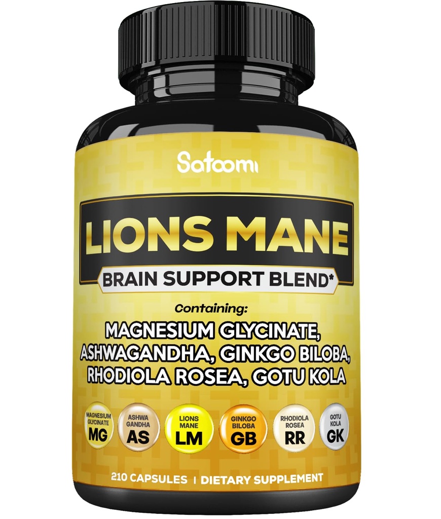 Lions Mane Supplement kapsler med Magnesium med Ashwagandha Root, Ginkgo Biloba, Rhodiola Rosea og Gotu Kola - 210 Vegan kapsler - Support Brain Health, Positive Mood & Energy Production