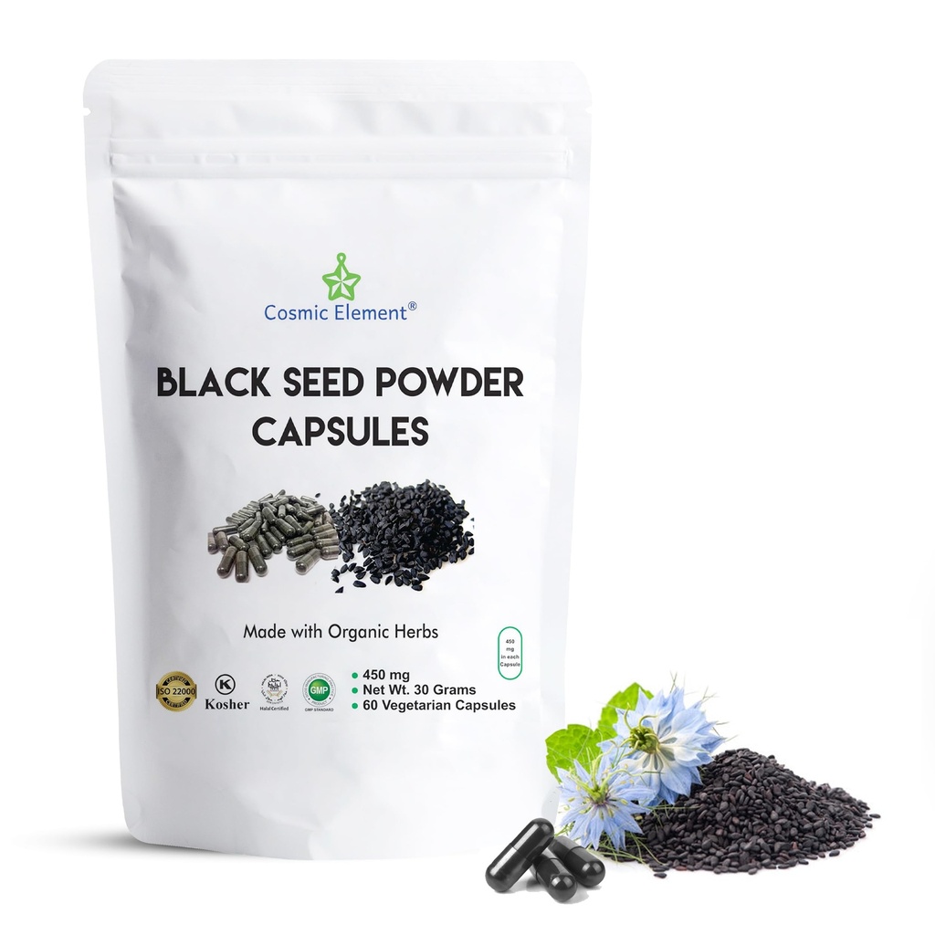 Kosmisk Element 100% Pure Black Seed Powder Kapsler Organic - Vegan Nigella Sativa 450mg Black Cumin Frø per Servering - for sundhed - 60 Kapsler