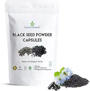 Kosmisk Element 100% Pure Black Seed Powder Kapsler Organic - Vegan Nigella Sativa 450mg Black Cumin Frø per Servering - for sundhed - 60 Kapsler