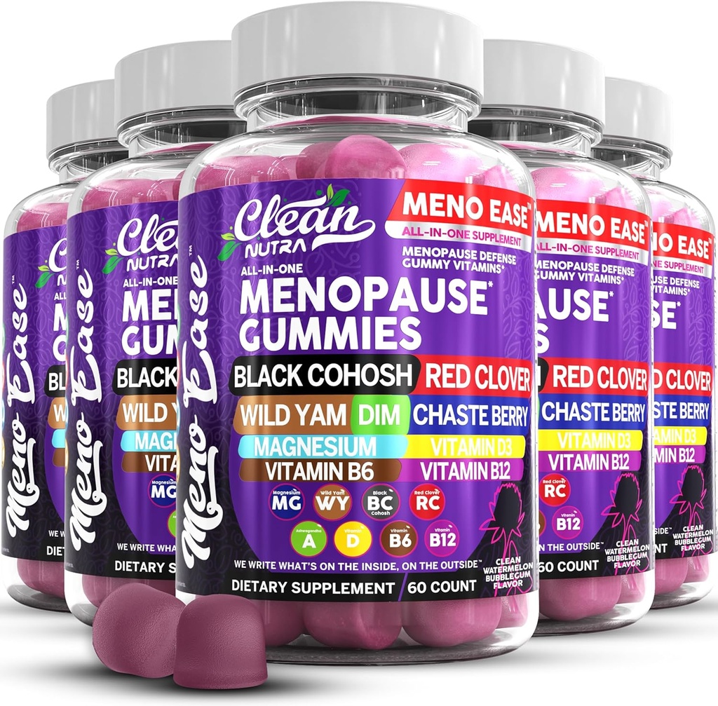 Menopause supplement til kvinder Gummier med sort kokosnød, Wild Yam Magnesium, rød kløver til overgangsalderen Relief Hormone Balance Night Sweats Mood Plus Bergamot, Vitamin D3, Vitamin B12, Vitamin B6 ren