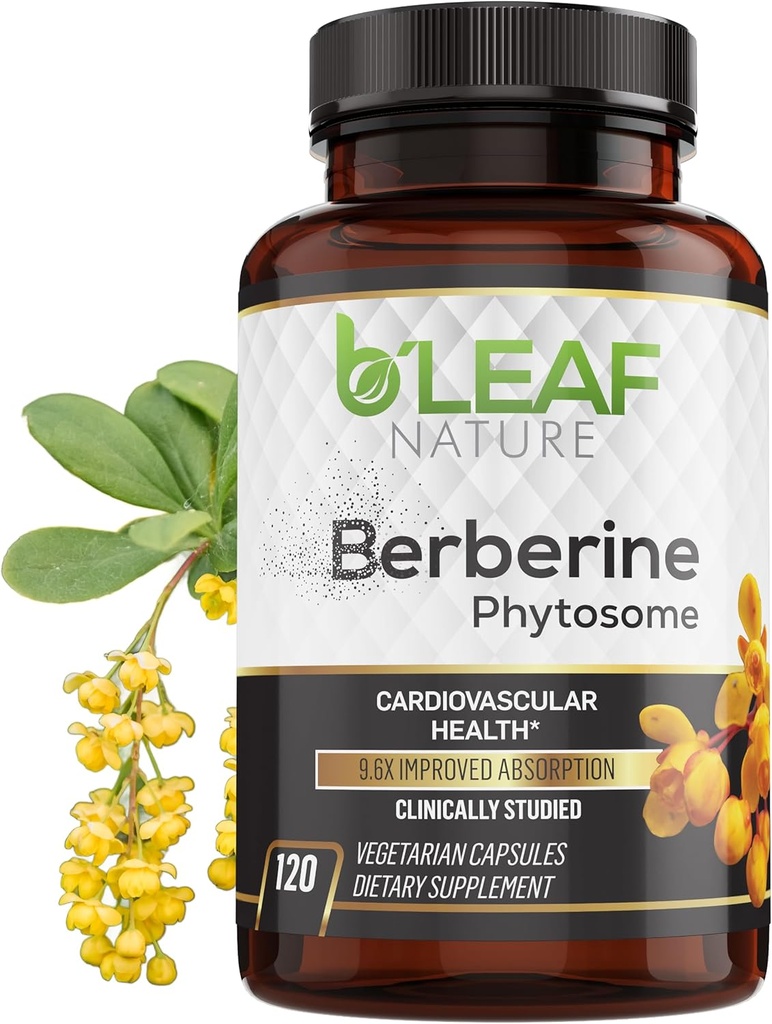 B 'Leaf Nature Berberine Phytosome, 120 Kapsler - 1100mg Berberine Supplement til Metabolisk og cardiovaskulær Support - Vegan, Gluten- fri, Non- GMO Berberine Phytosome Kapsler for immunwellness