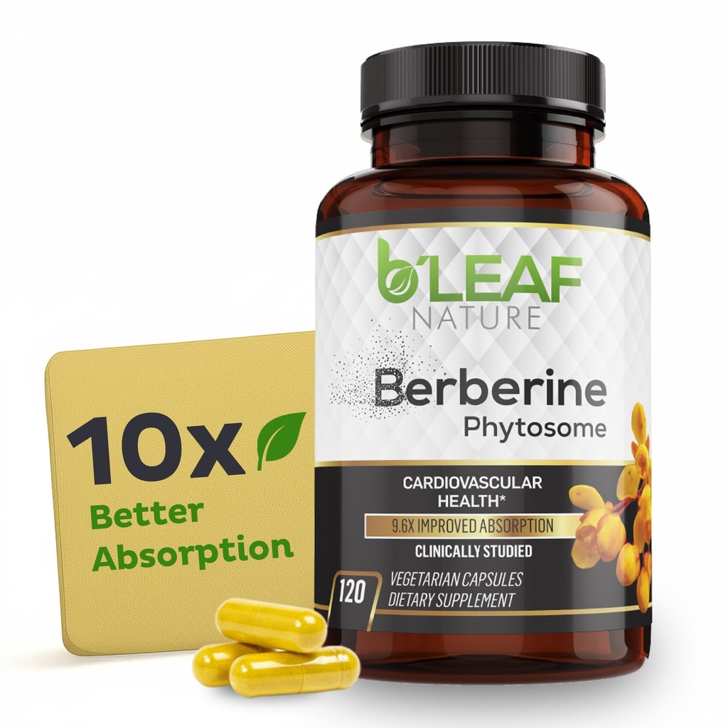 B 'Leaf Nature Berberine Phytosome, 120 Kapsler - 1100mg Berberine Supplement til Metabolisk og cardiovaskulær Support - Vegan, Gluten- fri, Non- GMO Berberine Phytosome Kapsler for immunwellness