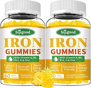 2 Pack Iron Gummies for kvinder & mænd - Vegansk jerntilskud til anæmi og jernmangel, med vitamin B12, C-vitamin, zink, Folate - Energy Boost, sukkerfri, Ananas Arv, 120 Greve
