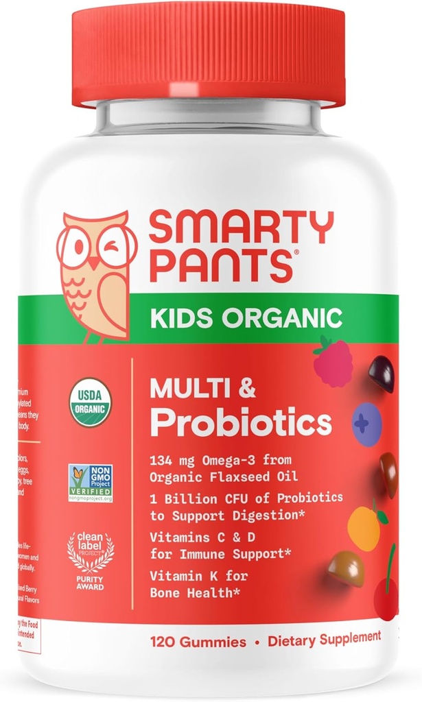 SmartyPants Organic Kids Multivitamin Gummies: Probiotika, Omega 3 (ALA), Vitamin D3, C, Vitamin B12, B6, A, K & Zink til immunforsvar, Biotin, Tre Frugtsmag, 120 Greve (30 dages forsyning)