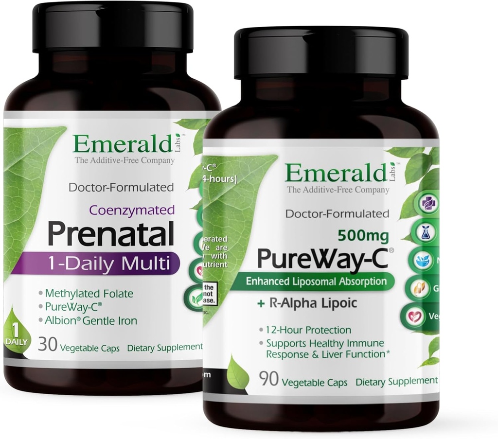 Emerald Labs Bundle med prenatal 1- Daily Multi (60 Veg Caps) & PureWay- C (90 Veg Caps) - Prenatal Multivitamin med methyleret folat, jern & mere * - C-vitamin tillæg med R- Alpha Lipoic Acid *