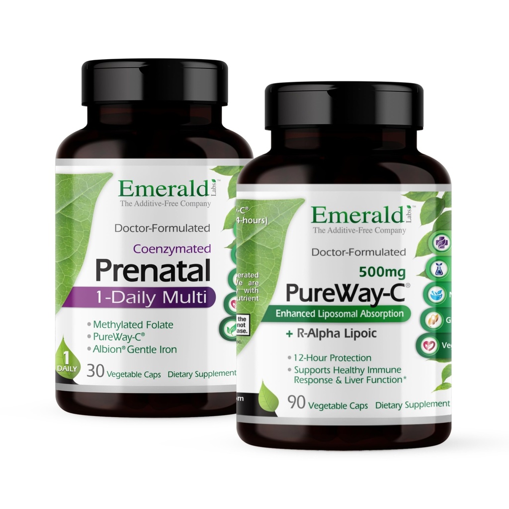 Emerald Labs Bundle med prenatal 1- Daily Multi (60 Veg Caps) & PureWay- C (90 Veg Caps) - Prenatal Multivitamin med methyleret folat, jern & mere * - C-vitamin tillæg med R- Alpha Lipoic Acid *