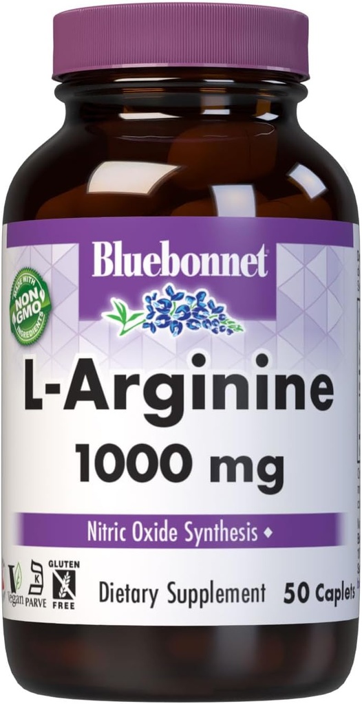 Bluebonnet Nutrition L- Arginin 1000mg, Free- Form Aminosyre, Nitrooxid Precursor, Gluten- Free, Non- GMO, Kosher Certified, Vegan, 50 Caplets, 50 Servere
