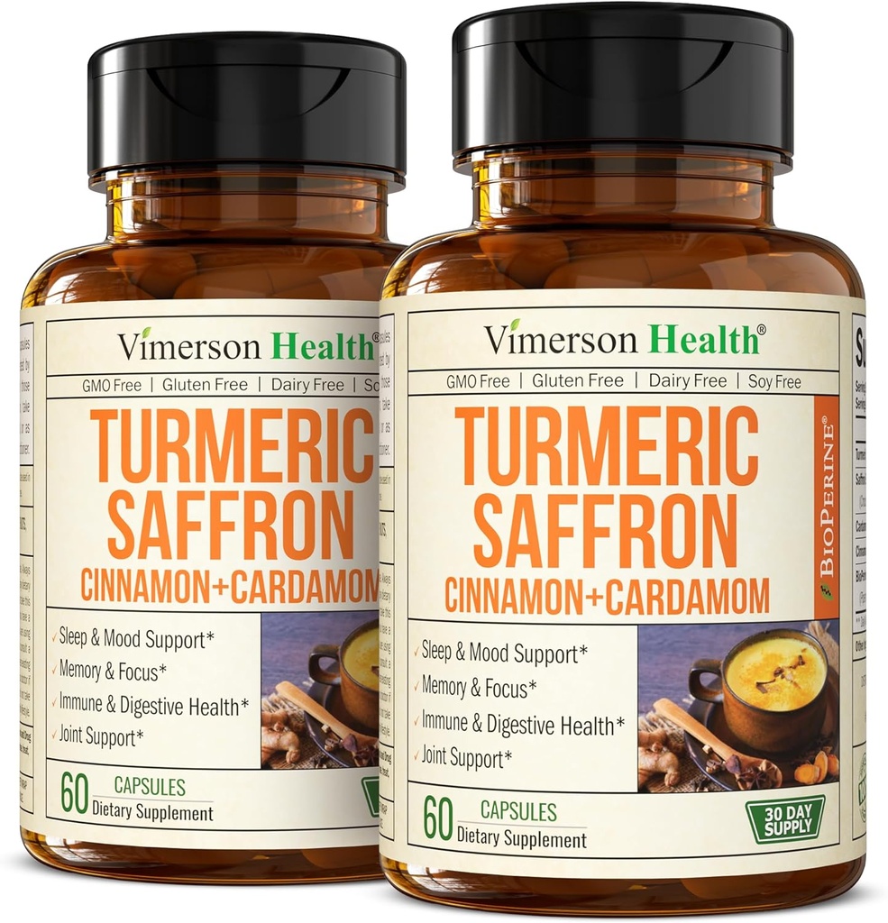 Saffron Kosttilskud - 89mg Saffron Extract og 1000mg Tumerisk Blend - Gurkemeje Tillæg med Ceylon Cinnamon og Cardamom for Mood, Memory & Eye Health - Fælles Kosttilskud til kvinder og mænd - 2 Pack