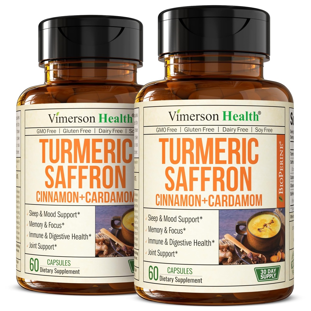 Saffron Kosttilskud - 89mg Saffron Extract og 1000mg Tumerisk Blend - Gurkemeje Tillæg med Ceylon Cinnamon og Cardamom for Mood, Memory & Eye Health - Fælles Kosttilskud til kvinder og mænd - 2 Pack