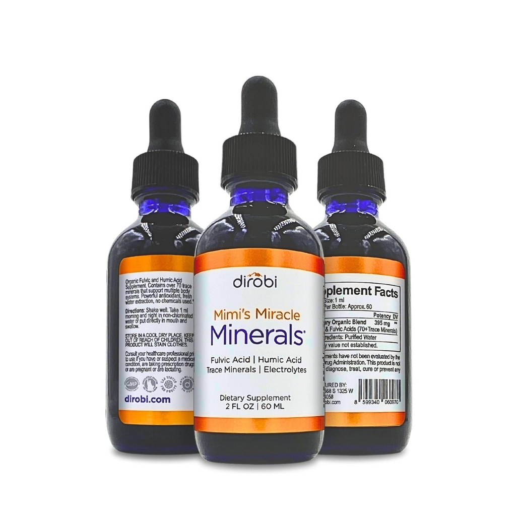 Dirobi Mimi 's Miracle Minerals Fulvic Acid Humic Acid - Mineral Blend Drops Supplement, Flydende Trace Minerals 70 Ionic Minerals - Organic Plant Derived (2 oz 60 Day Supply)