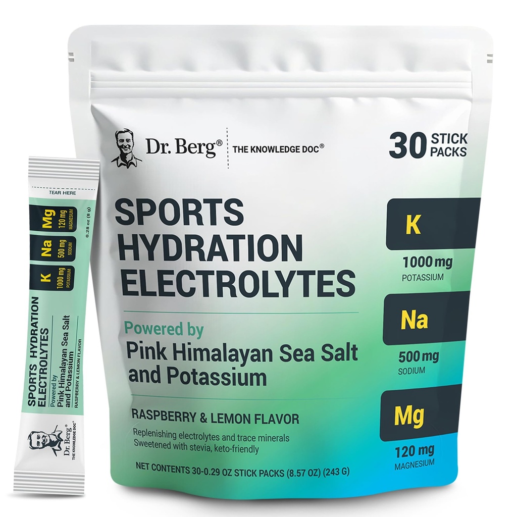 Dr. Berg Sports Hydration Electrolytes Powder w / More Salt (Pink Himalayan) - 30 Keto Electrolytes Powder Packets w / a Delicious Salty Raspberry & Lemon Flavor - Inkluderer 1.000mg kalium