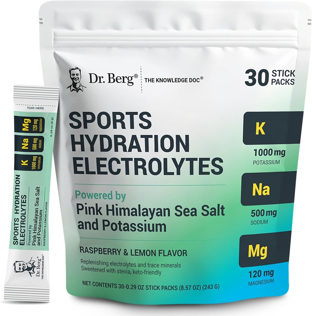 Dr. Berg Sports Hydration Electrolytes Powder w / More Salt (Pink Himalayan) - 30 Keto Electrolytes Powder Packets w / a Delicious Salty Raspberry & Lemon Flavor - Inkluderer 1.000mg kalium