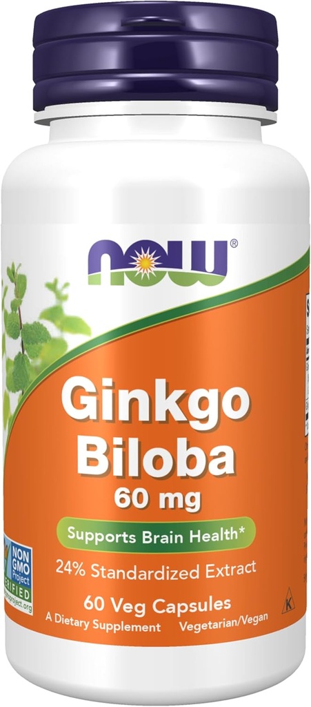 Now Foods Supplements, Ginkgo Biloba 60 mg, 24% Standardized Extract, Non- GMO Project Verified, 60 Veg Kapsler