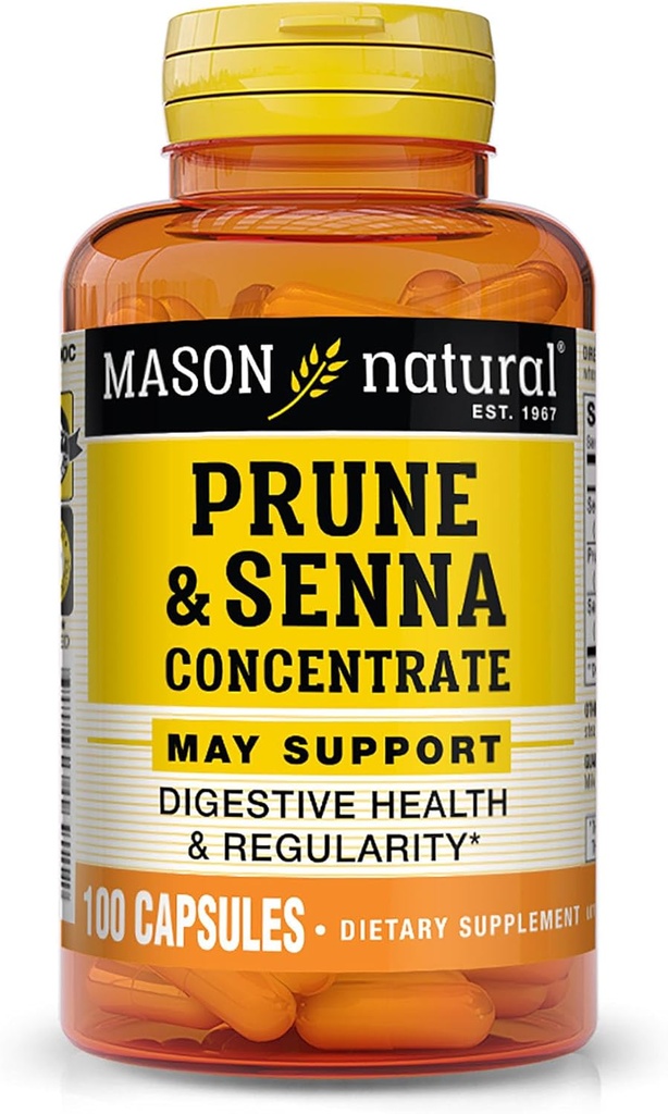 MASON NATURAL Prune Senna Koncentrat, Naturlig vegetabilsk lakering for regelmæssighed og understøtter tarm & fordøjelsesfunktioner, 100 kapsler