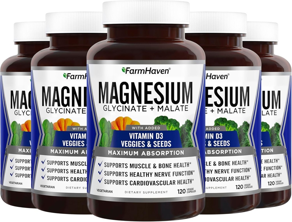 FarmHaven Magnesium Glycinate & Malate Complex w / D3- vitamin, 100% chelated for Max Absorption, Vegan - Knoglesundhed, nerver, muskler, 600 kapsler, 300 dage
