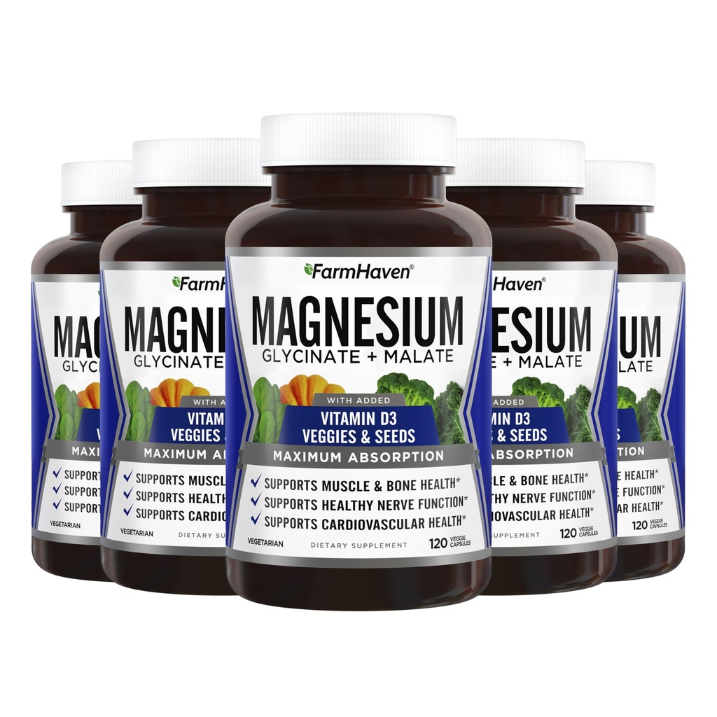 FarmHaven Magnesium Glycinate & Malate Complex w / D3- vitamin, 100% chelated for Max Absorption, Vegan - Knoglesundhed, nerver, muskler, 600 kapsler, 300 dage