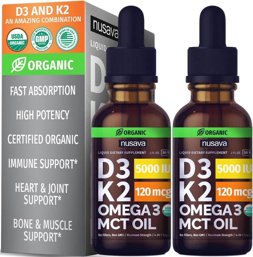 NUSAVA Vitamin B12 Liquid Drops, Unflavored D3 K2, & Chlorophyll Bundle - Potent flydende vitaminer til hjerte, energi, hjerne og immunforsvar - Non- GMO, Gluten- fri, 2pk Hver