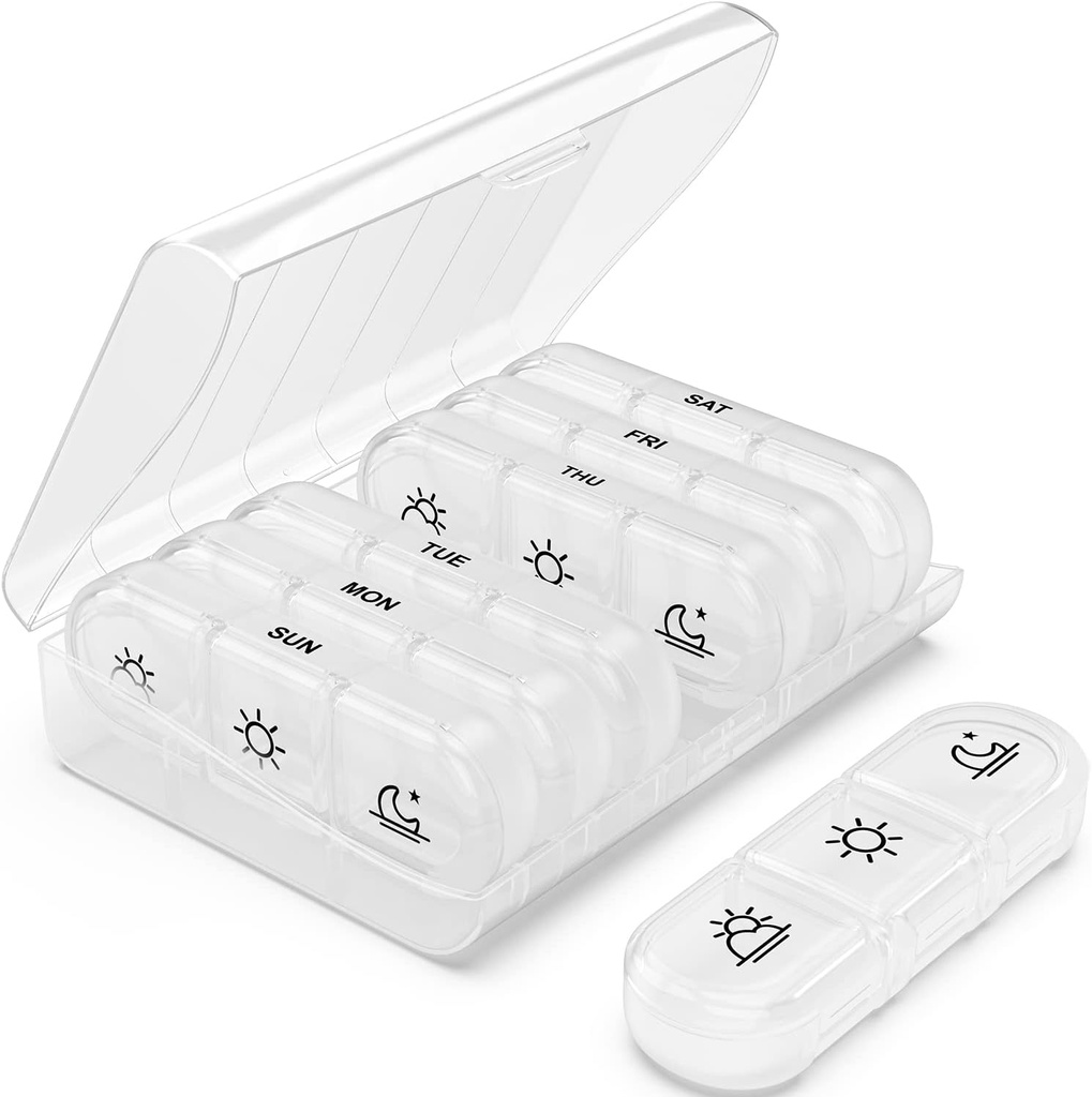 PULIV Weekly Pill Organizer 3 gange om dagen, Bærbar Travel Pill Box 7 dag med store piller beholdere, Light-Proof Pill sag for vitaminer, medicin, kosttilskud og fiskeolier (hvid)
